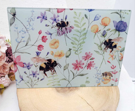 Spring themed Farmhouse Kitchen Decor - Chinchilla glass farm themed work surface saver - Chopping board - Pastel bumble bee Kitchen items