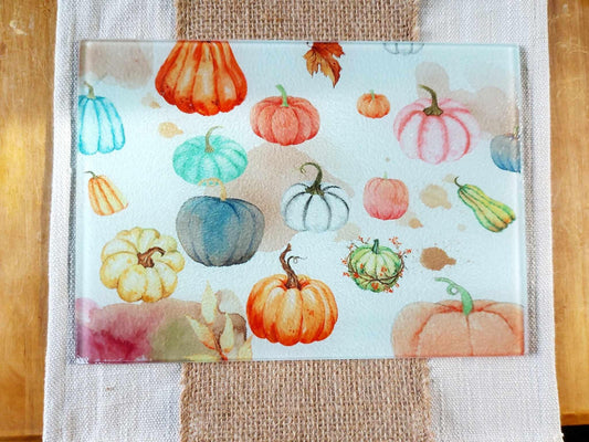 Beautiful Autumnal pumpkin themed rippled glass worksurface saver / chopping board.