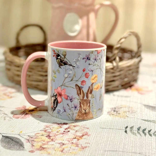 Beautiful spring themed Woodland wildlife 11oz Mug with pink handle and inner- Mother's day git- Gift for Mum- Spring farmhouse home decor