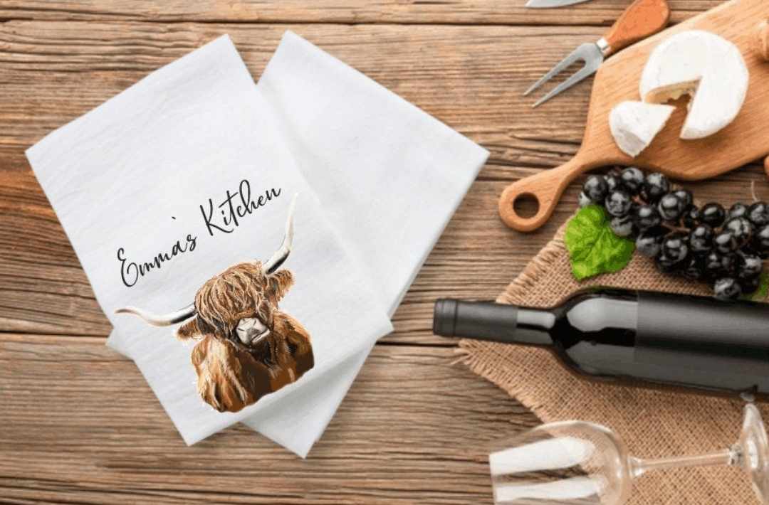 Highland cow Personalised tea towel /pot towel - New home gift -Highland calf -Farmhouse decor- Personalised gift -housewarming gift