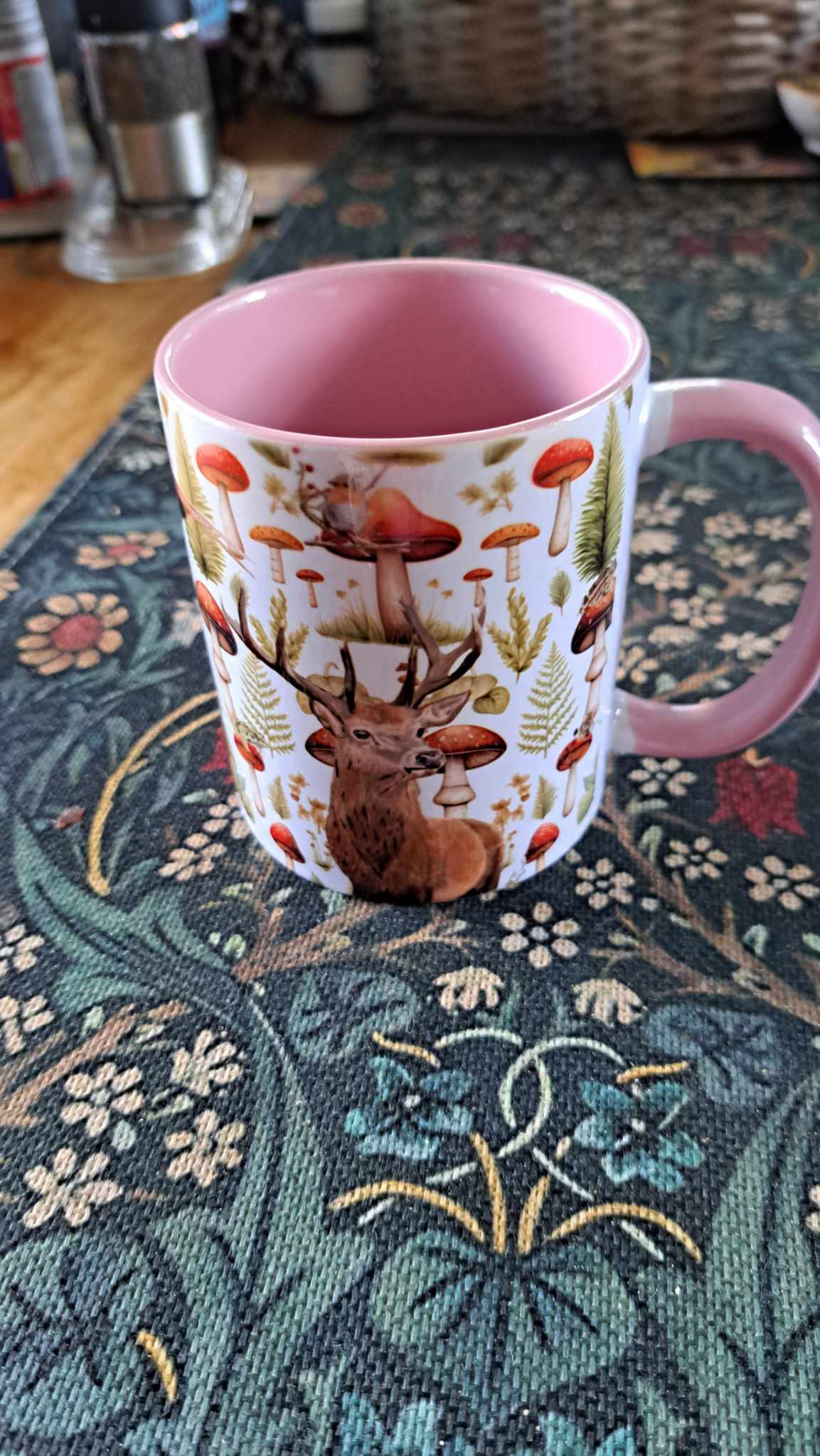 Beautiful Autumn woodland themed mug- 110z pastel pink handle-farmhouse decor- Autumn house decor- Christmas gift ideas- Toadstool mug