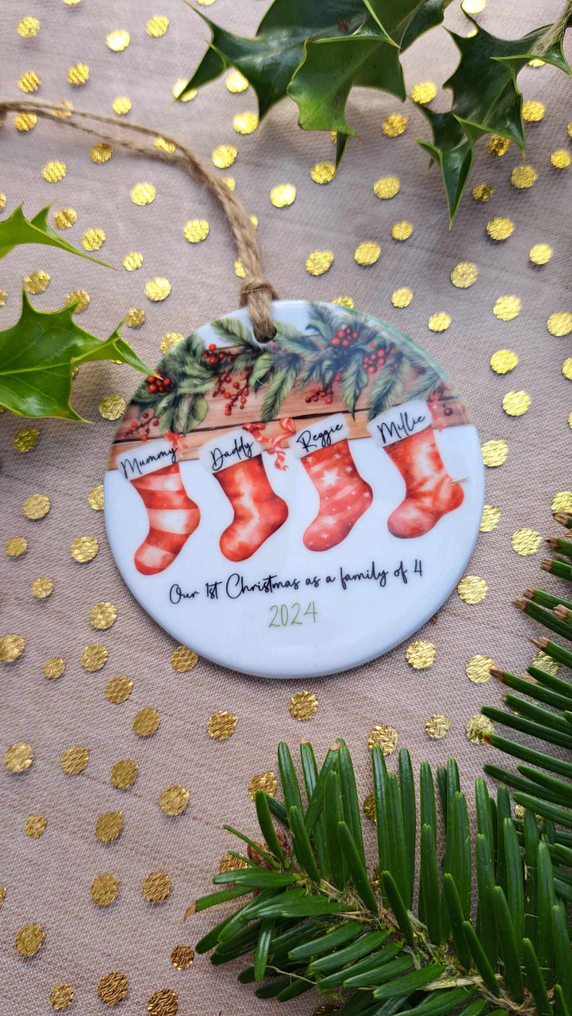 Christmas Personalised Ceramic Bauble 2024 -  Custom Festive Ornament- Our first Christmas- Babys first Christmas-Our 1st Christmas as a family of