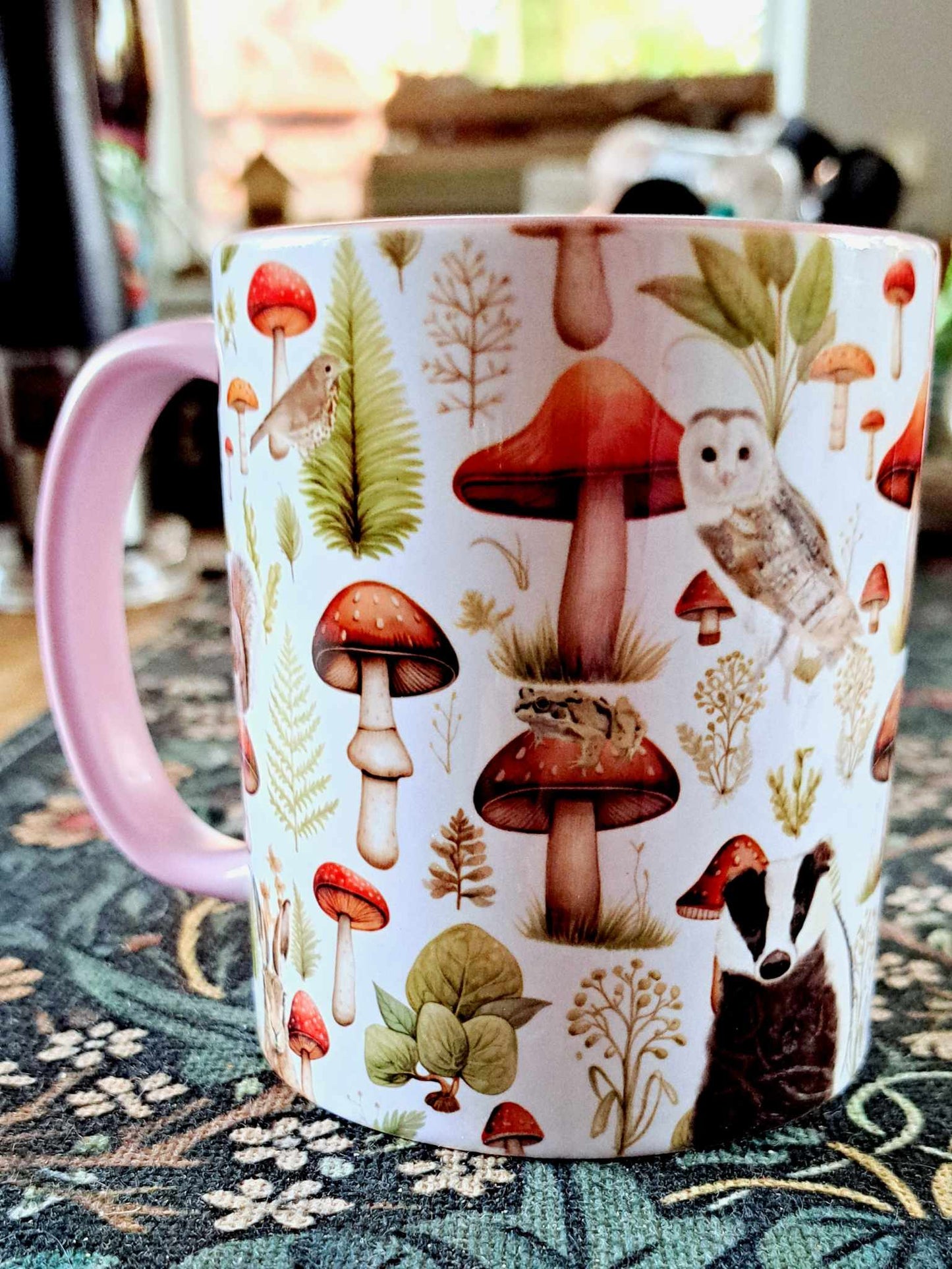 Beautiful Autumn woodland themed mug- 110z pastel pink handle-farmhouse decor- Autumn house decor- Christmas gift ideas- Toadstool mug