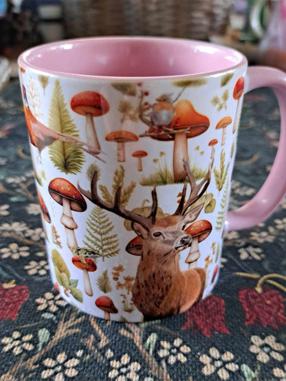 Beautiful Autumn woodland themed mug- 110z pastel pink handle-farmhouse decor- Autumn house decor- Christmas gift ideas- Toadstool mug