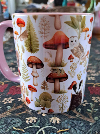 Beautiful Autumn woodland themed mug- 110z pastel pink handle-farmhouse decor- Autumn house decor- Christmas gift ideas- Toadstool mug