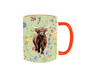 Beautiful spring themed Highland cows 11oz Mug with Orange handle and inner- Mother's day git- Gift for Mum- Spring farmhouse home decor