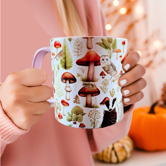 Beautiful Autumn woodland themed mug- 110z pastel pink handle-farmhouse decor- Autumn house decor- Christmas gift ideas- Toadstool mug