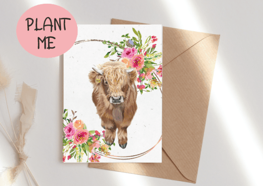 Eco and VEGAN friendly PLANTABLE Birthday Seed Cards  - Wildflower cards - Seed paper cards -Save the bees  - Plantable cards - highland cow