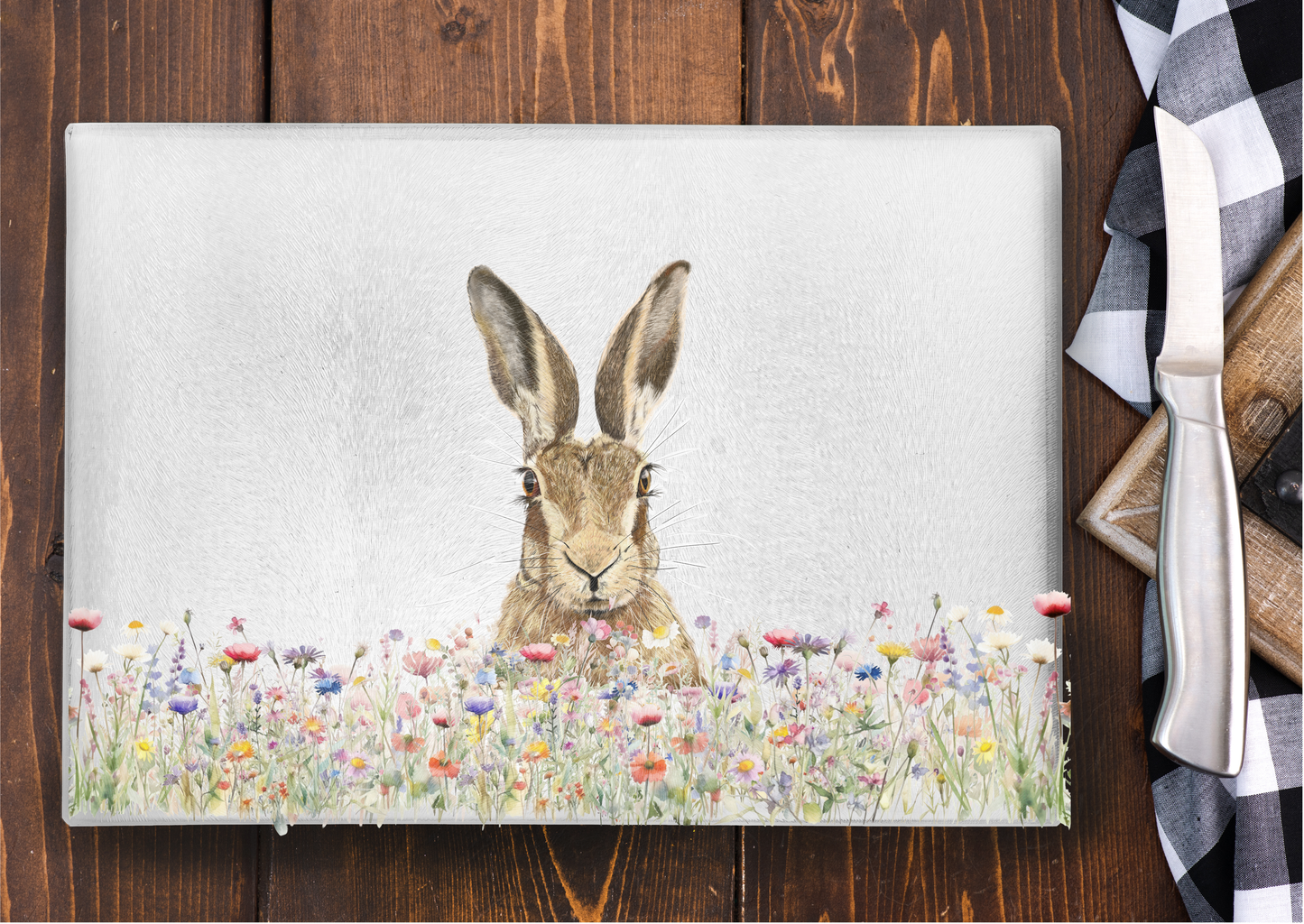 Colourful Hare  - Farmhouse Kitchen Decor - Chinchilla glass work surface saver - Chopping board -Kitchen items