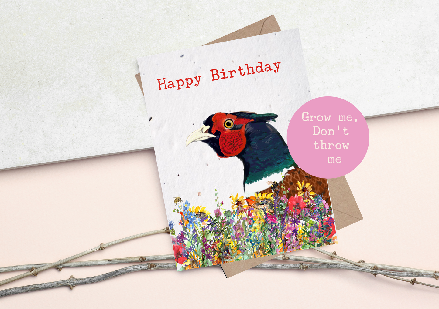 Eco and Vegan friendly plantable wildflower Birthday seed card- Pheasant